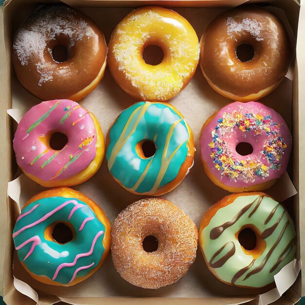 Foto donut colorati in una scatola