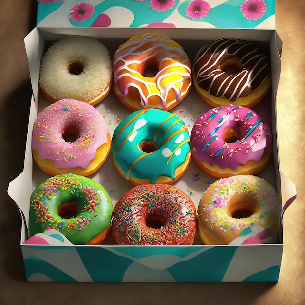 Foto donut colorati in una scatola