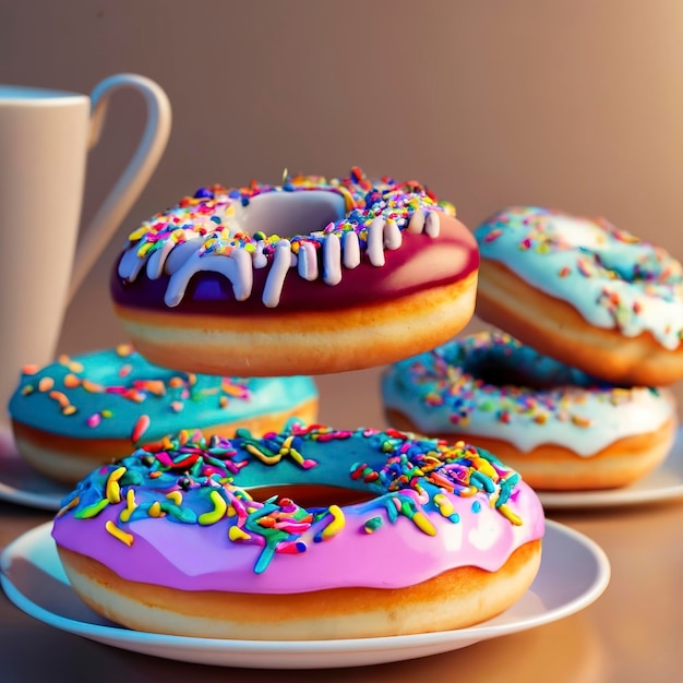 Colorful donuts and coffee 3d render