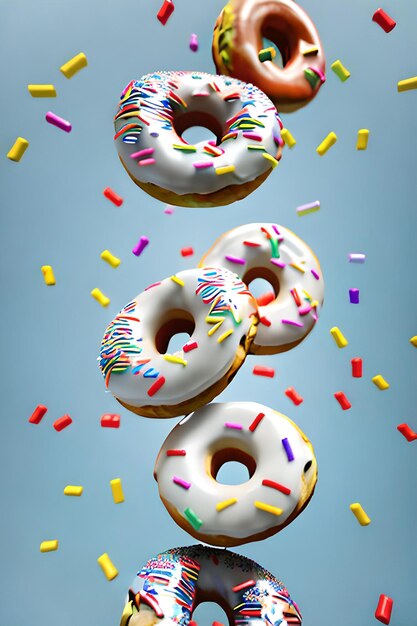 Colorful donuts flying on blue background Sweet food background