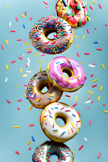 Photo colorful donuts flying on blue background sweet food background