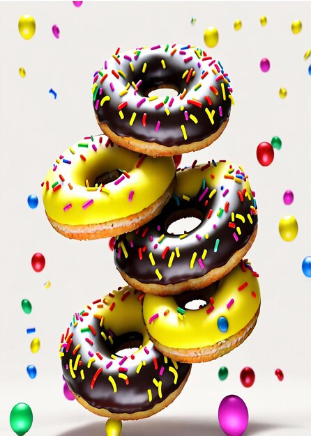 Colorful donuts flying on white background Sweet food background