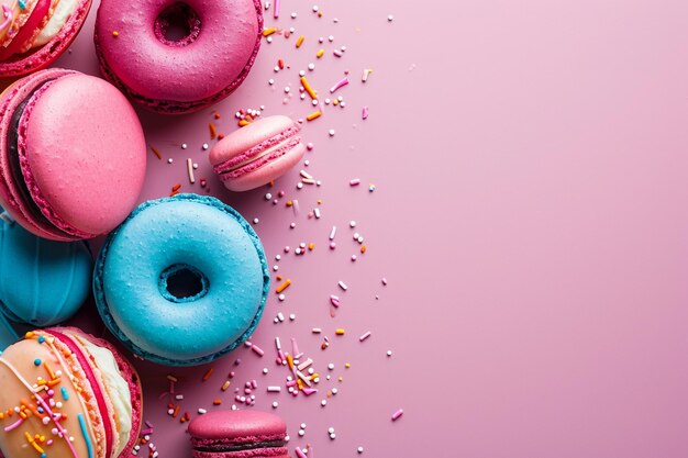 Colorful donuts and macarons copy space