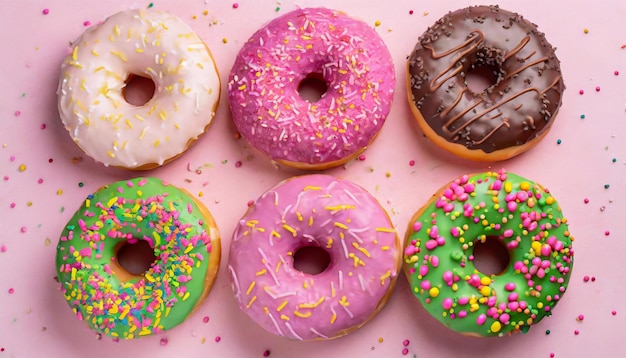 Photo colorful donuts on pink background flat lay