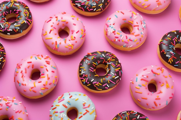 Colorful donuts on a pink background