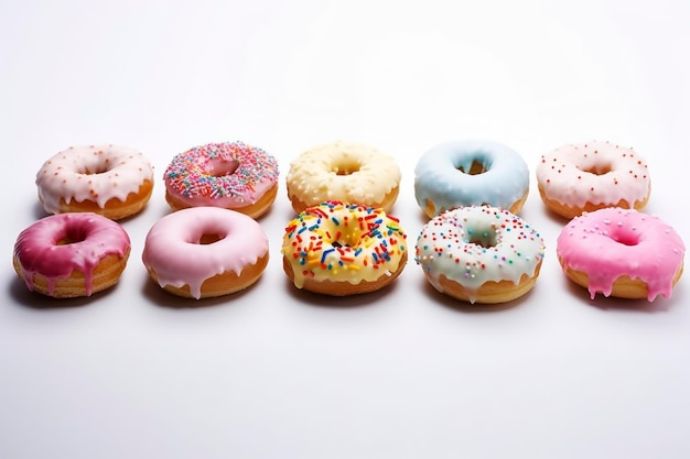 Colorful donuts showcased in a delicious array against a pristine white backdrop