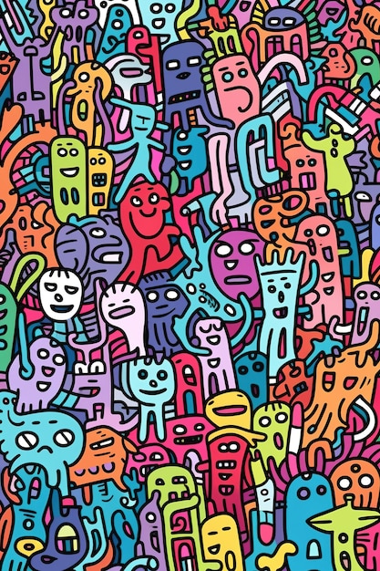 A colorful doodle of a crowd of people.