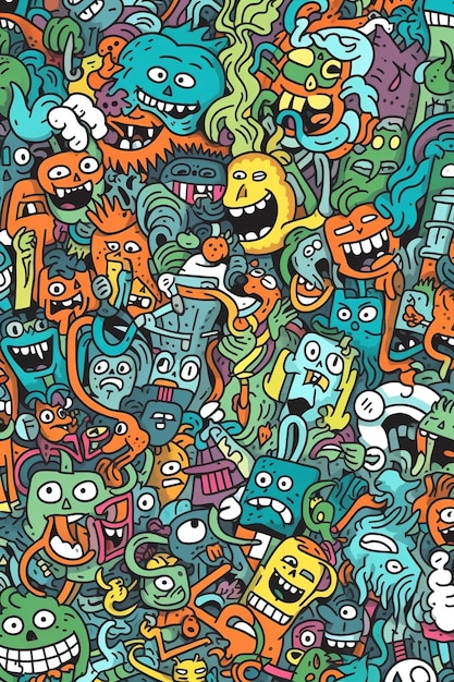 A colorful doodle of many different monsters and one of them has a blue background.