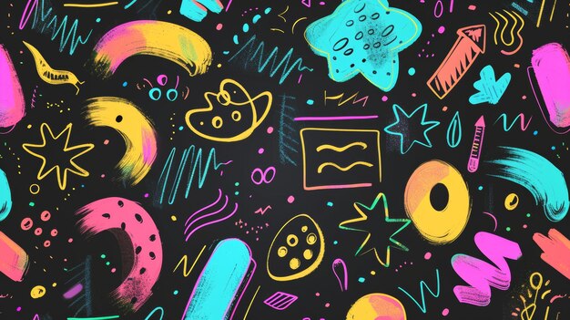 Colorful Doodles and Stars on a Black Background