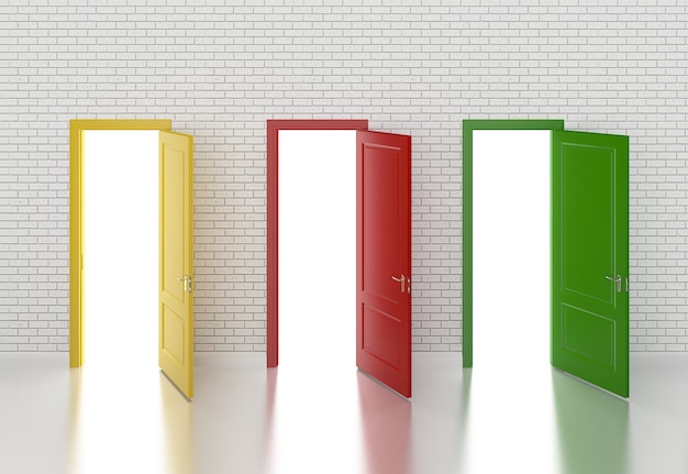 Colorful door open on white wall 3d rendering