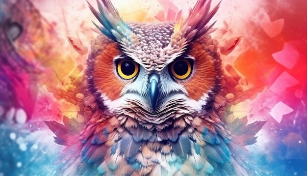 A colorful doubleexposed abstract owl portrait Generative AI