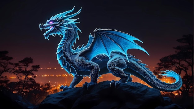 暗いファンタジー背景のカラフルなドラゴンアートイラスト 活気のあるネオンドラゴン