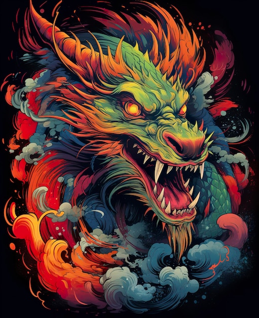 A colorful dragon head vector tshirt design