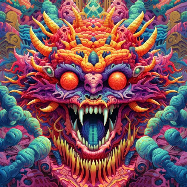 A colorful dragon head with orange eyes and a large mouth generative ai