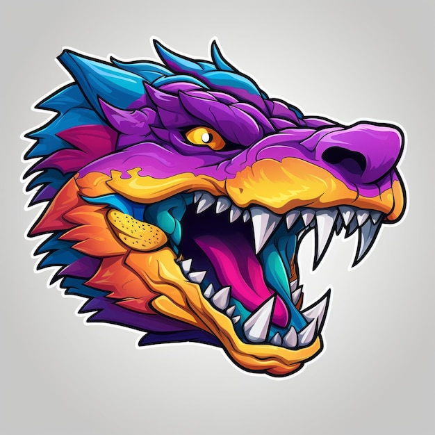 a colorful dragon head with sharp teeth on a gray background