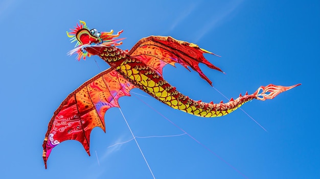 a colorful dragon kite flying in a blue sky