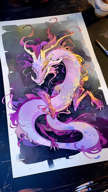 Colorful dragon painting on canvas with watercolor paints in art studio