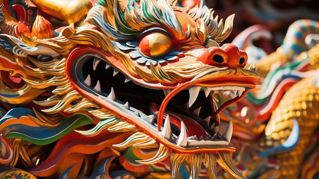 写真 中国の寺院のカラフルなドラゴン像のクローズアップ写真