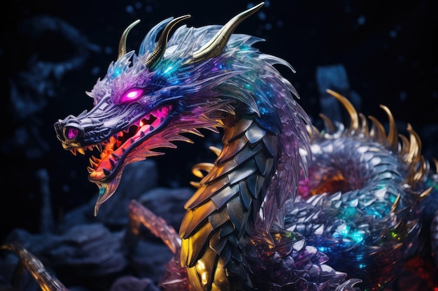 a colorful dragon statue with lights