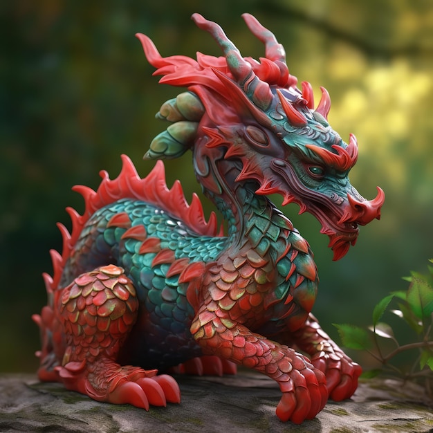 A colorful dragon statue with a red head and green horns sits on a rock.