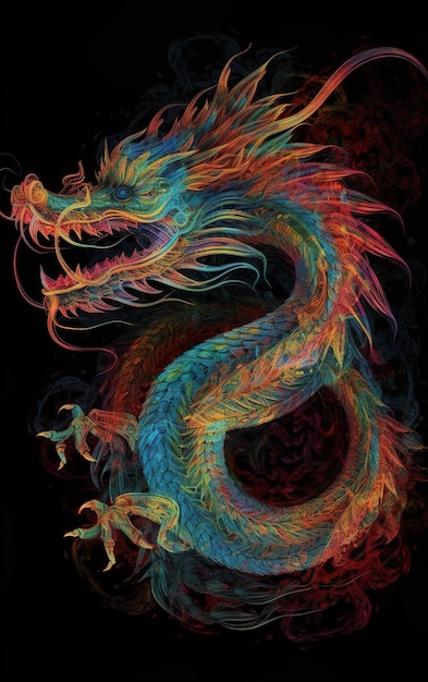 A colorful dragon with a black background and the word dragon on it.