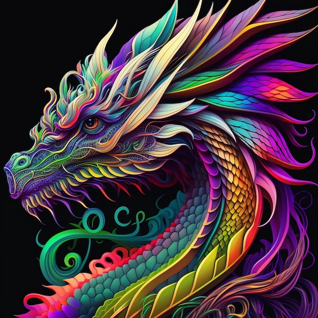 A colorful dragon with a black background