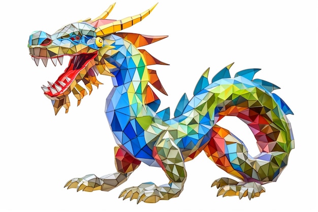 A colorful dragon with a blue tail and a green tail.