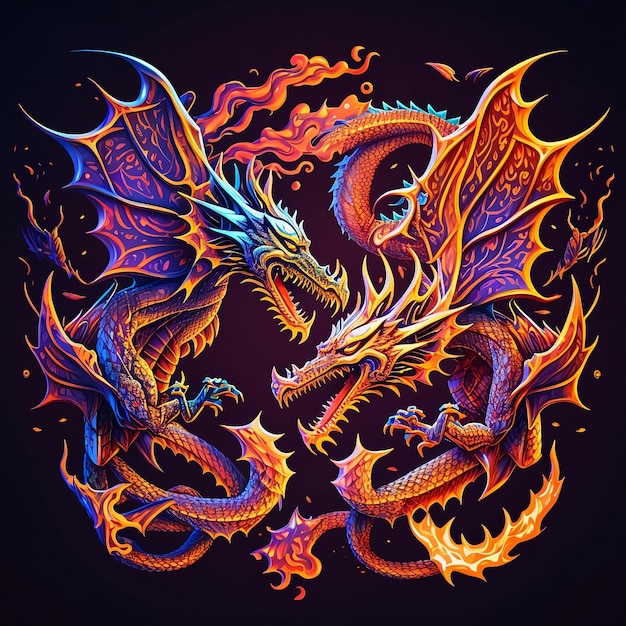 A colorful dragon with a flame on it