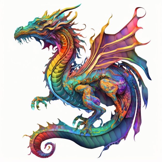 A colorful dragon with a long tail and a long tail.