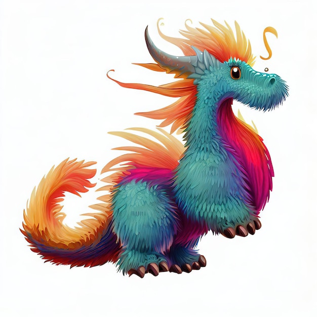 長い尻尾と「龍」と書かれた尻尾を持ったカラフルなドラゴン。