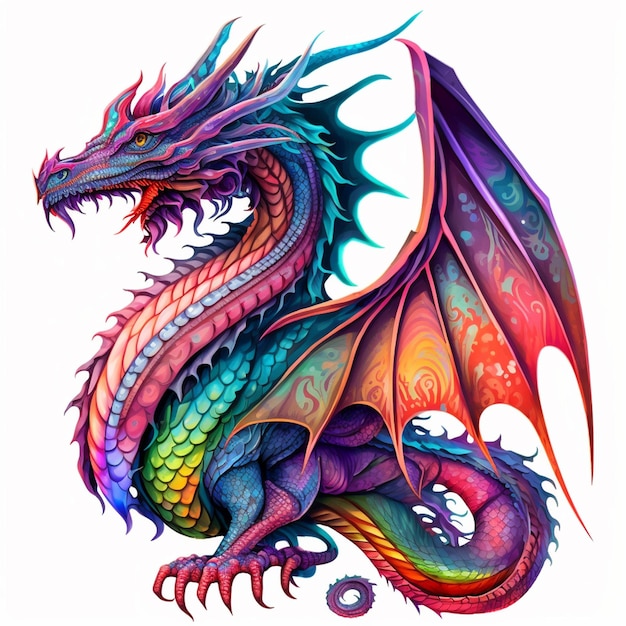 A colorful dragon with a rainbow tail.