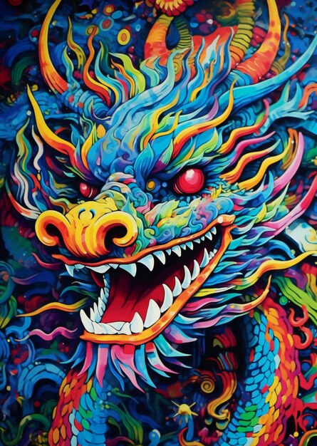 A colorful dragon with a red nose and a yellow mouth.