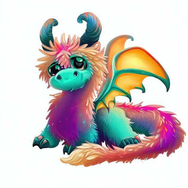 A colorful dragon with wings and a yellow tail is sitting on a white background.
