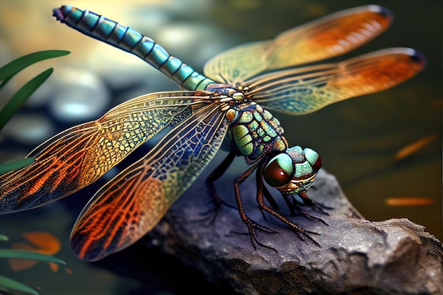 Colorful dragonfly froze in anticipation of prey on the shore of a reservoir Generative AI