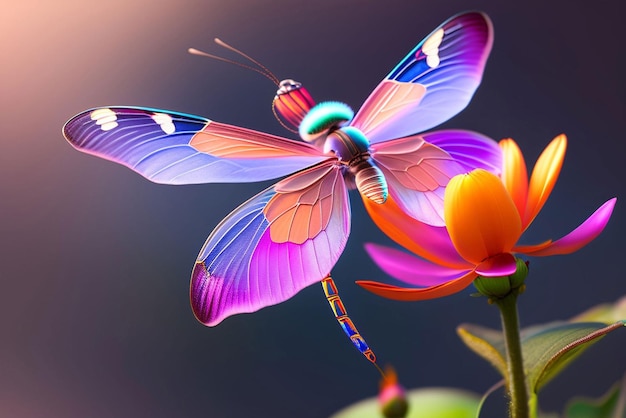 A colorful dragonfly sits on a flower.