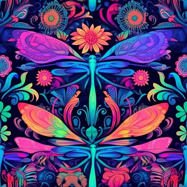 A colorful dragonfly with a flower and swirl pattern on a black background generative ai