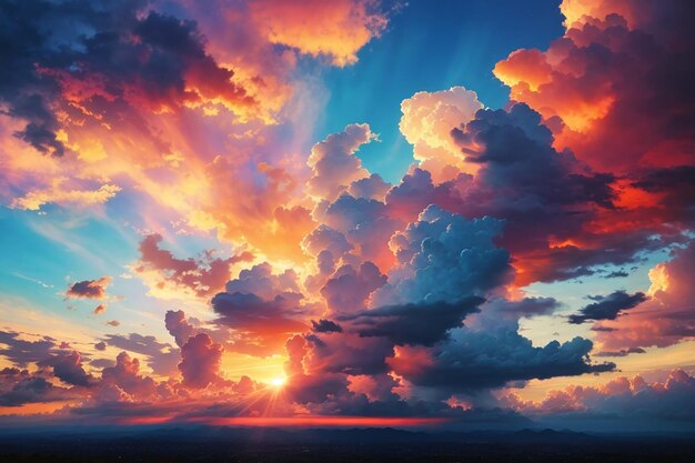 Foto cielo drammatico colorato con nuvole al tramonto con sfondo solare