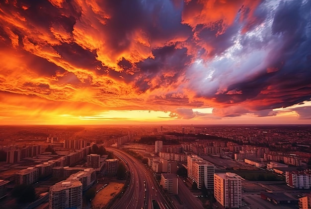 Colorful dramatic sky with clouds at sunset over the urban landscape