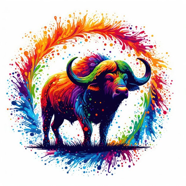 Foto un disegno colorato di un bufalo con colori multicolori e un arcobaleno di colori