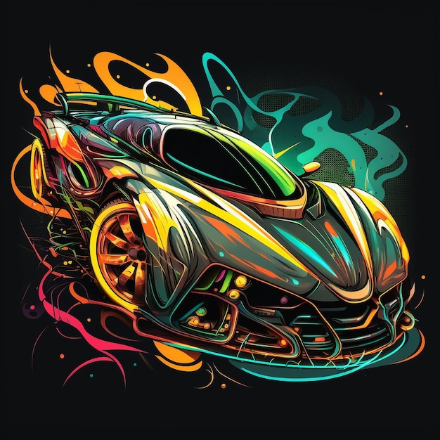 A colorful drawing of a car with flames on it