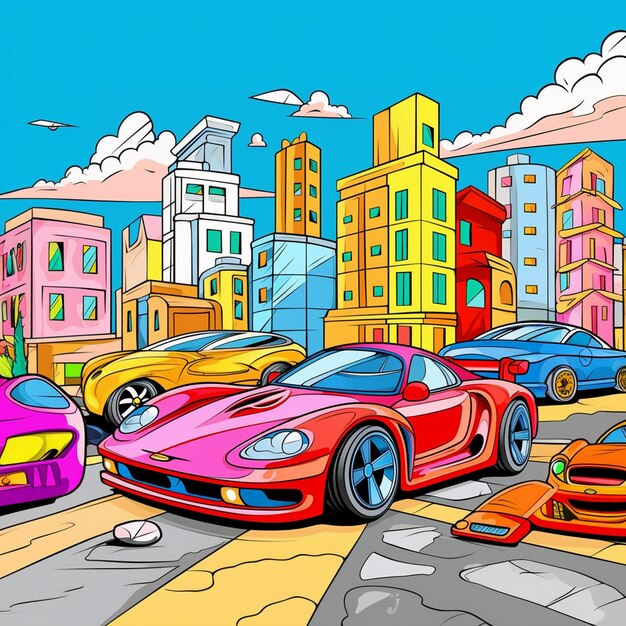 A colorful drawing of a car with a pink car in the background