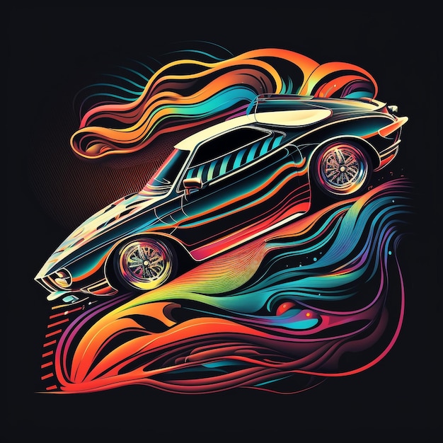 A colorful drawing of a car with the word thunder on it.