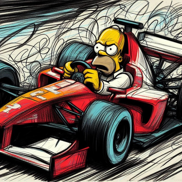 Colorful drawing of a cartoon character racing in a stylized formula car