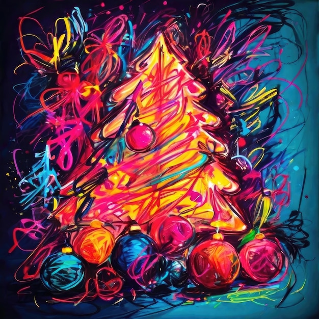 a colorful drawing of a christmas tree with a colorful background