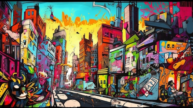 A colorful drawing of a city with a person on a bike in front of it.