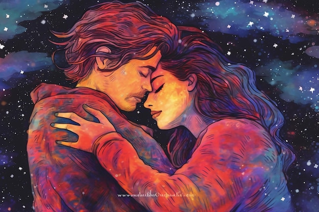 colorful drawing of a couple embracing under a stars AI generated