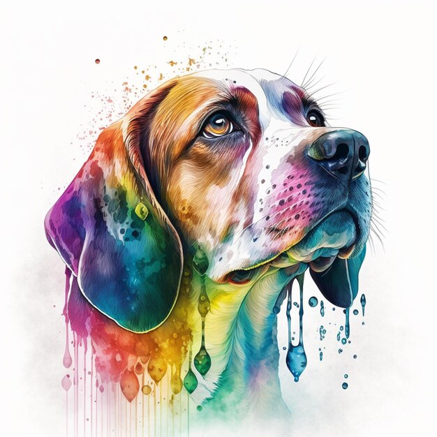 A colorful drawing of a dog with a black nose and white ears.