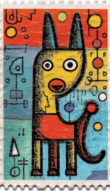 A colorful drawing of a dog with the word dog on it.