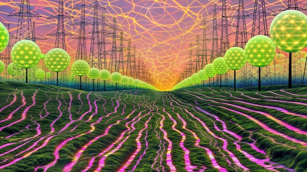 A colorful drawing of electrical waves and a power line