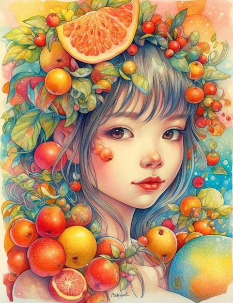 A colorful drawing of a girl with a wreath of fruit on her head.